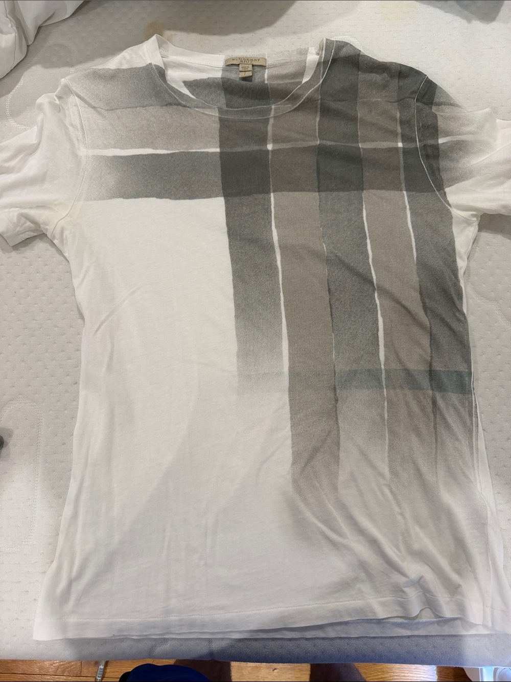 Burberry Men's White Tee with Gray Plaid Accent